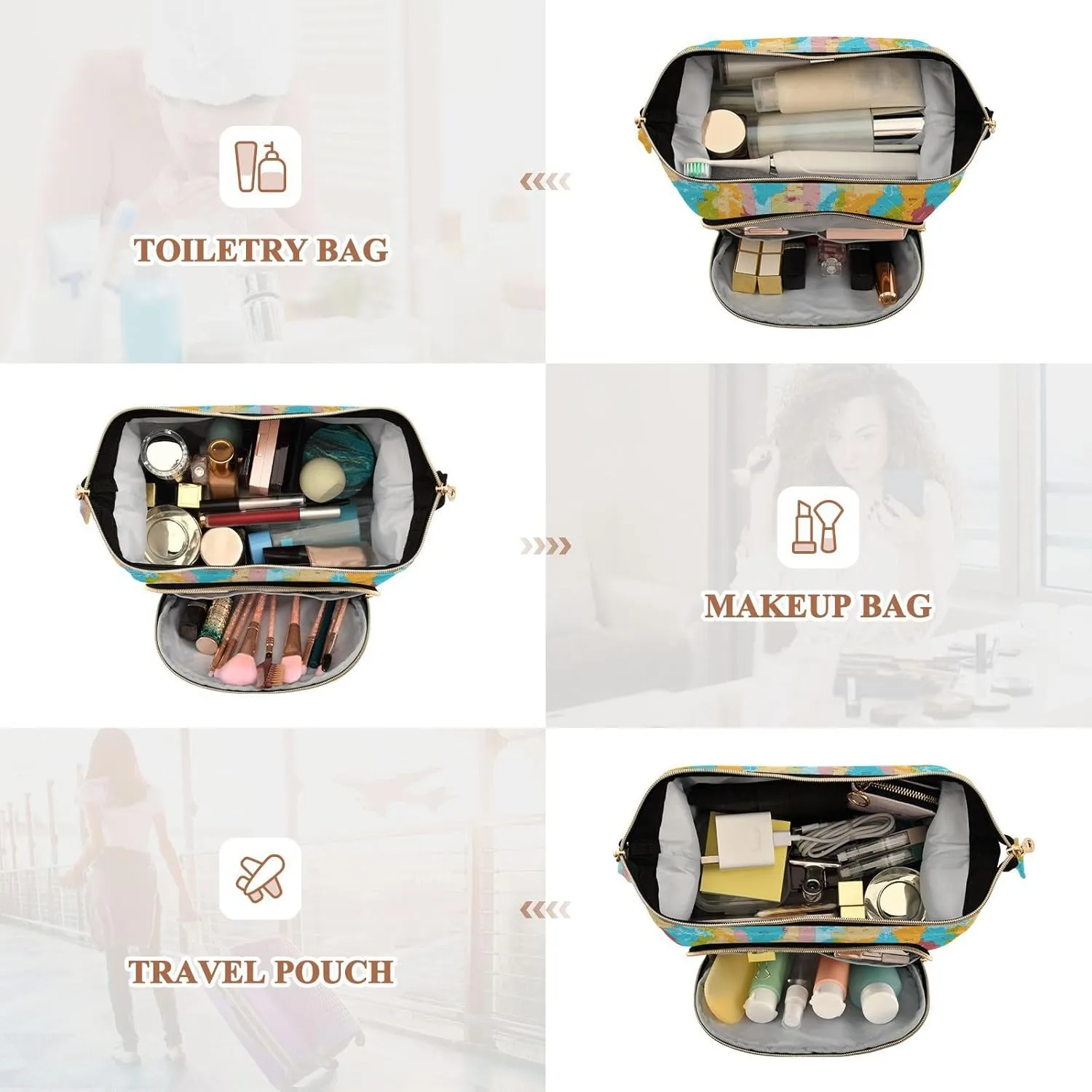 Detailed World Map with Standard Time Zones Colorful Pattern Women Cosmetic Bag Makeup Bag Stylish Trip Beauty Bag Travel Toiletry Bag with Bottle Organizer 10.2 x 5.9 x 6.7 inch