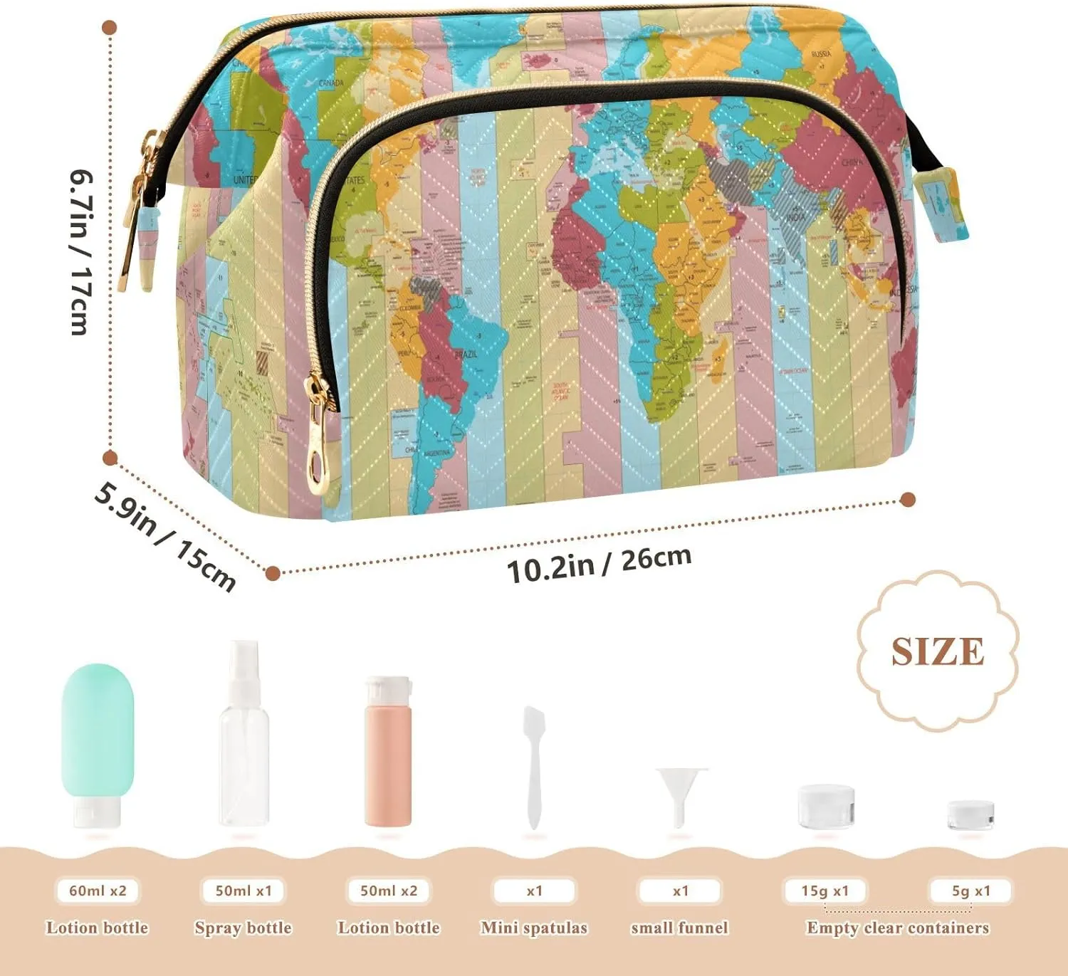 Detailed World Map with Standard Time Zones Colorful Pattern Women Cosmetic Bag Makeup Bag Stylish Trip Beauty Bag Travel Toiletry Bag with Bottle Organizer 10.2 x 5.9 x 6.7 inch