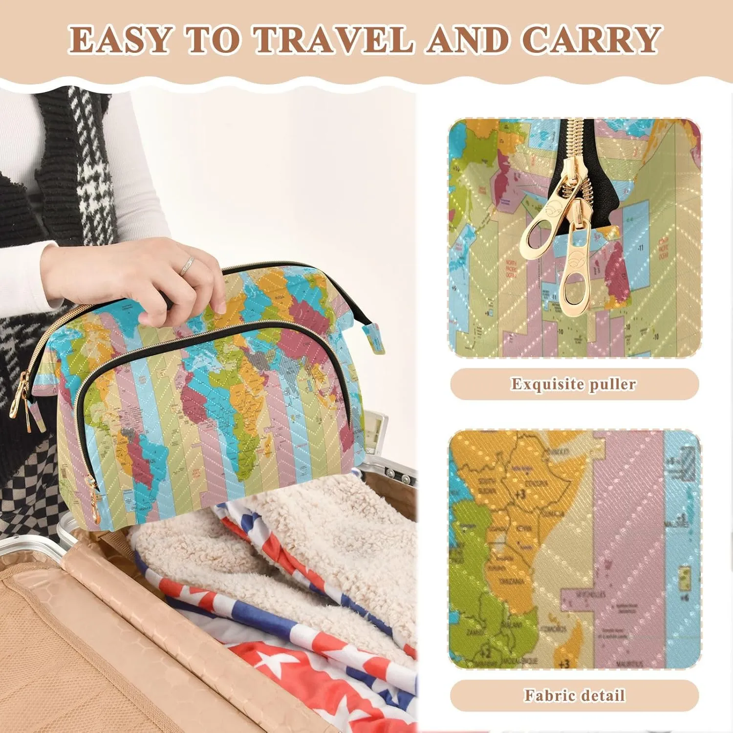 Detailed World Map with Standard Time Zones Colorful Pattern Women Cosmetic Bag Makeup Bag Stylish Trip Beauty Bag Travel Toiletry Bag with Bottle Organizer 10.2 x 5.9 x 6.7 inch