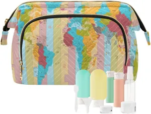 Detailed World Map with Standard Time Zones Colorful Pattern Women Cosmetic Bag Makeup Bag Stylish Trip Beauty Bag Travel Toiletry Bag with Bottle Organizer 10.2 x 5.9 x 6.7 inch