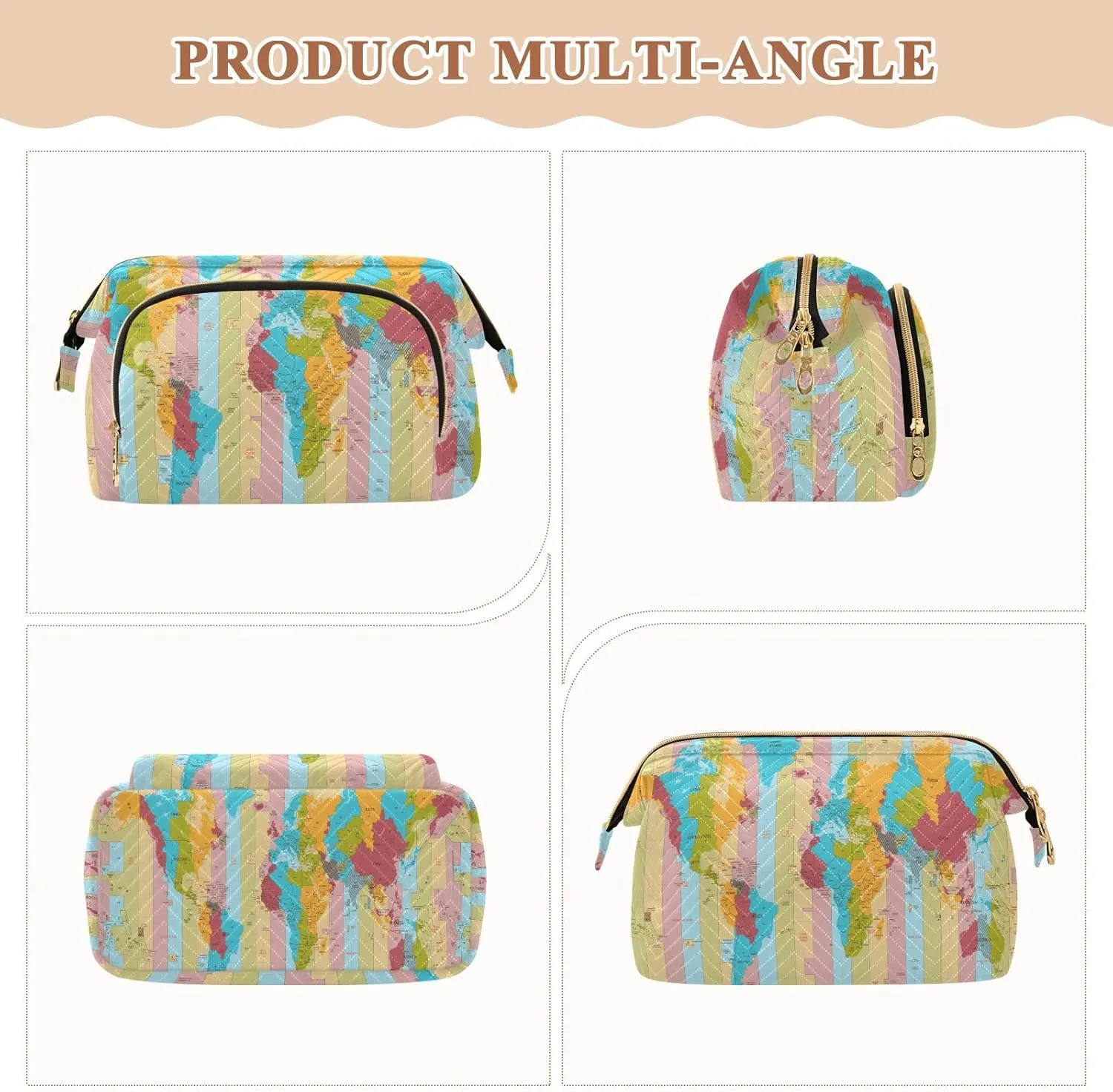 Detailed World Map with Standard Time Zones Colorful Pattern Women Cosmetic Bag Makeup Bag Stylish Trip Beauty Bag Travel Toiletry Bag with Bottle Organizer 10.2 x 5.9 x 6.7 inch