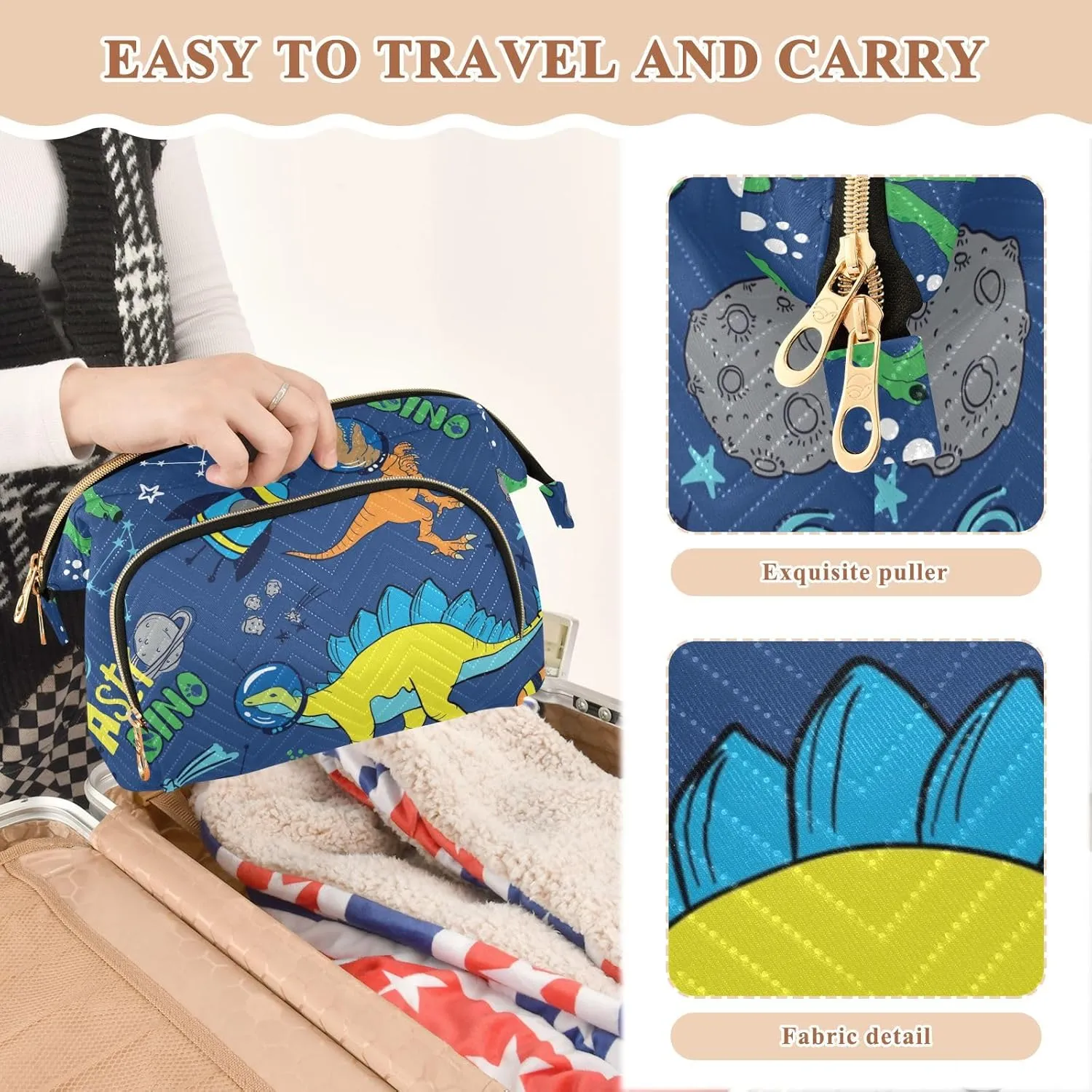 Dinosaurs in Space Planets Rockets Universe Theme on Dark Blue Women Cosmetic Bag Makeup Bag Stylish Trip Beauty Bag Travel Toiletry Bag with Bottle Organizer 10.2 x 5.9 x 6.7 inch