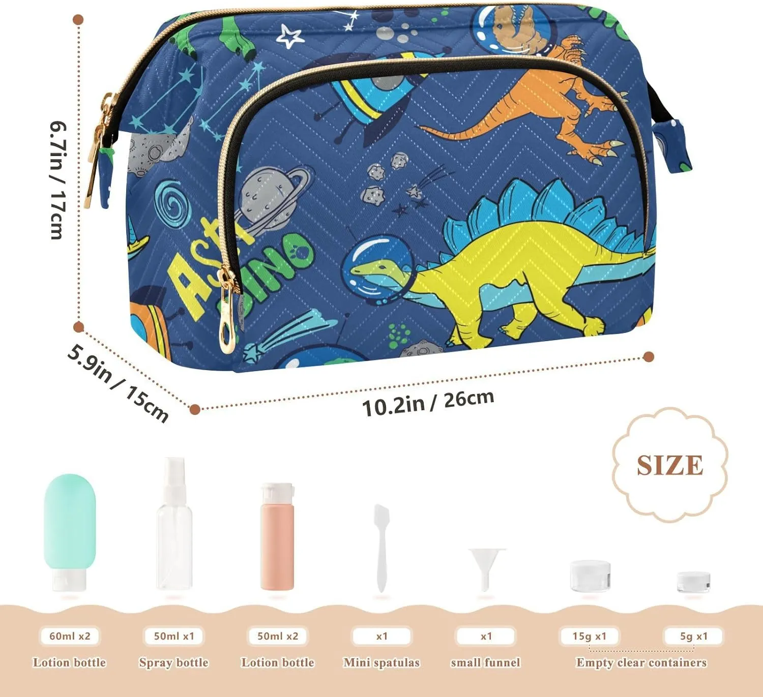 Dinosaurs in Space Planets Rockets Universe Theme on Dark Blue Women Cosmetic Bag Makeup Bag Stylish Trip Beauty Bag Travel Toiletry Bag with Bottle Organizer 10.2 x 5.9 x 6.7 inch