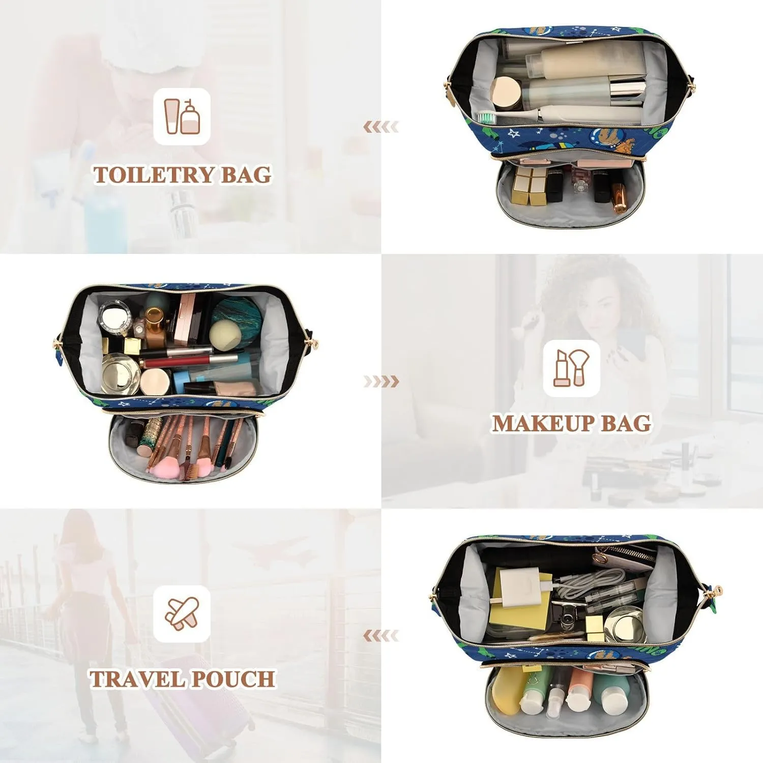 Dinosaurs in Space Planets Rockets Universe Theme on Dark Blue Women Cosmetic Bag Makeup Bag Stylish Trip Beauty Bag Travel Toiletry Bag with Bottle Organizer 10.2 x 5.9 x 6.7 inch
