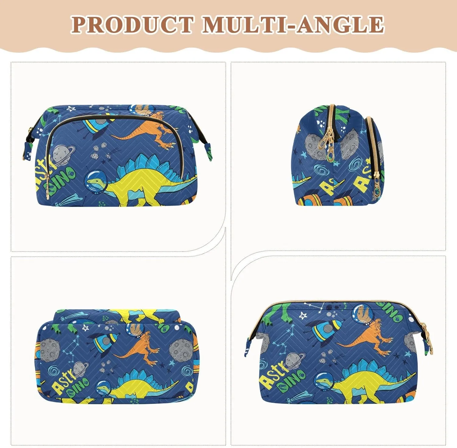 Dinosaurs in Space Planets Rockets Universe Theme on Dark Blue Women Cosmetic Bag Makeup Bag Stylish Trip Beauty Bag Travel Toiletry Bag with Bottle Organizer 10.2 x 5.9 x 6.7 inch