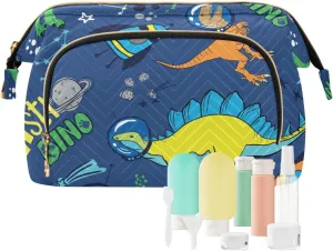 Dinosaurs in Space Planets Rockets Universe Theme on Dark Blue Women Cosmetic Bag Makeup Bag Stylish Trip Beauty Bag Travel Toiletry Bag with Bottle Organizer 10.2 x 5.9 x 6.7 inch