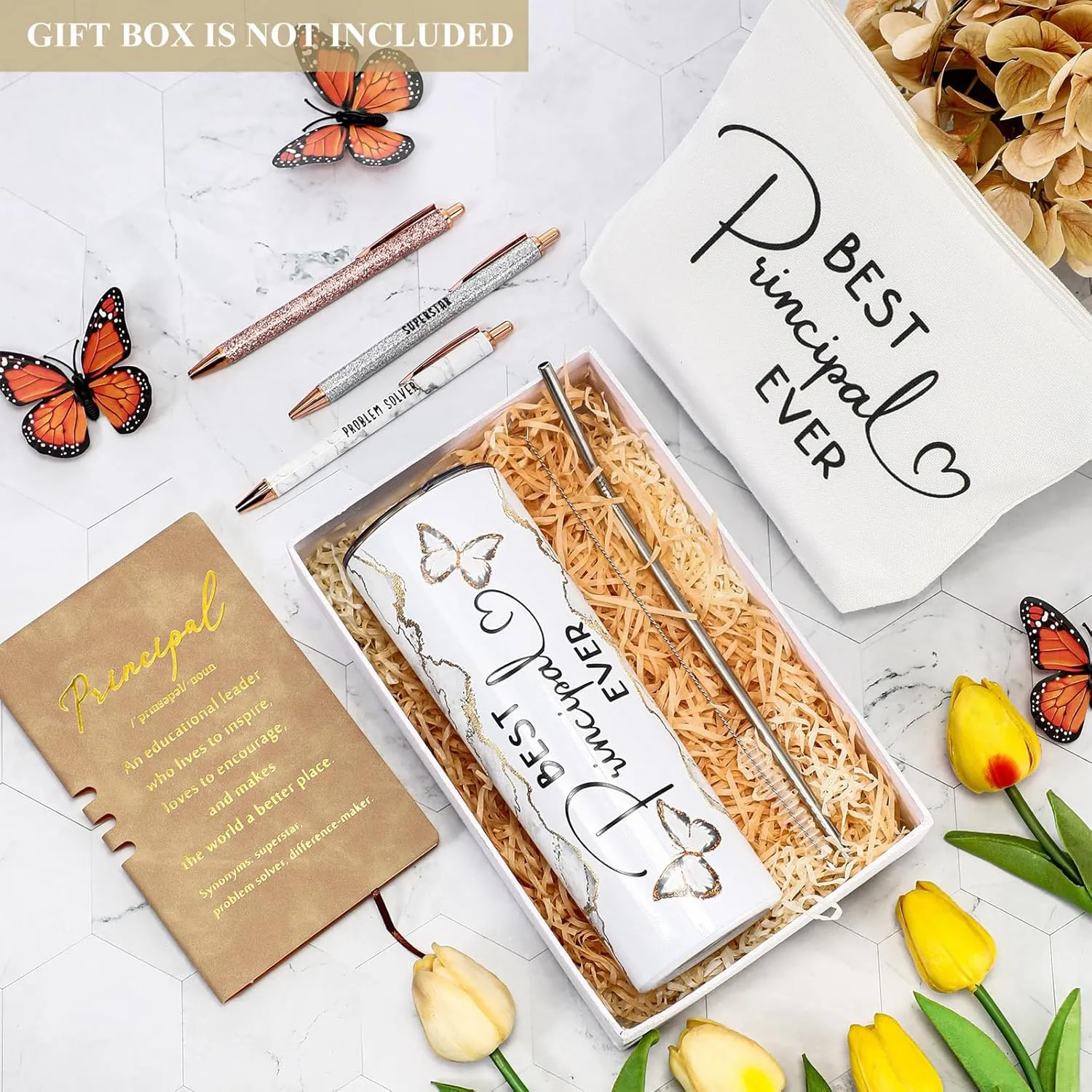 Domensi 6 Pcs Principal Appreciation Gift Set for Women Men Thank You Gift 20oz Rustic Butterfly Marble Sign Tumbler Makeup Bag Journal for School Principal Work Graduation Retirement(White)