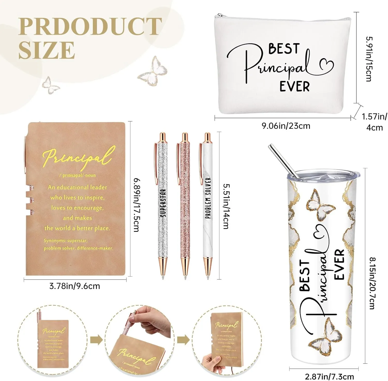 Domensi 6 Pcs Principal Appreciation Gift Set for Women Men Thank You Gift 20oz Rustic Butterfly Marble Sign Tumbler Makeup Bag Journal for School Principal Work Graduation Retirement(White)