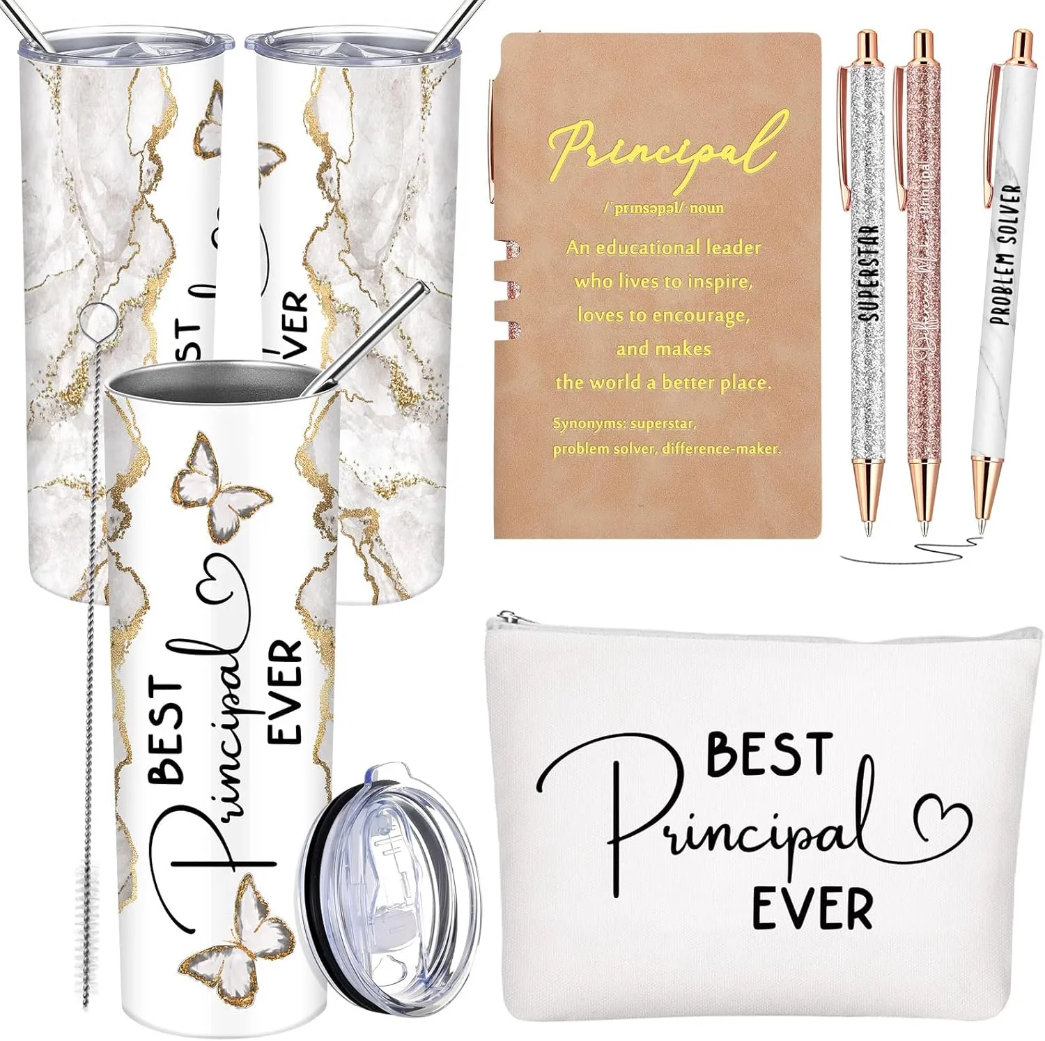 Domensi 6 Pcs Principal Appreciation Gift Set for Women Men Thank You Gift 20oz Rustic Butterfly Marble Sign Tumbler Makeup Bag Journal for School Principal Work Graduation Retirement(White)