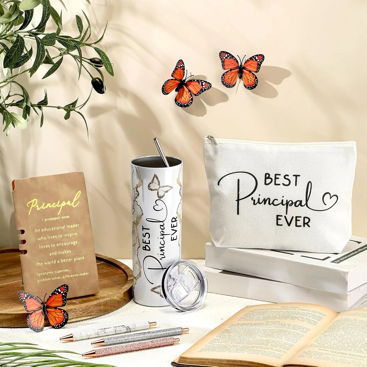 Domensi 6 Pcs Principal Appreciation Gift Set for Women Men Thank You Gift 20oz Rustic Butterfly Marble Sign Tumbler Makeup Bag Journal for School Principal Work Graduation Retirement(White)