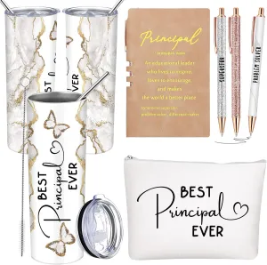 Domensi 6 Pcs Principal Appreciation Gift Set for Women Men Thank You Gift 20oz Rustic Butterfly Marble Sign Tumbler Makeup Bag Journal for School Principal Work Graduation Retirement(White)
