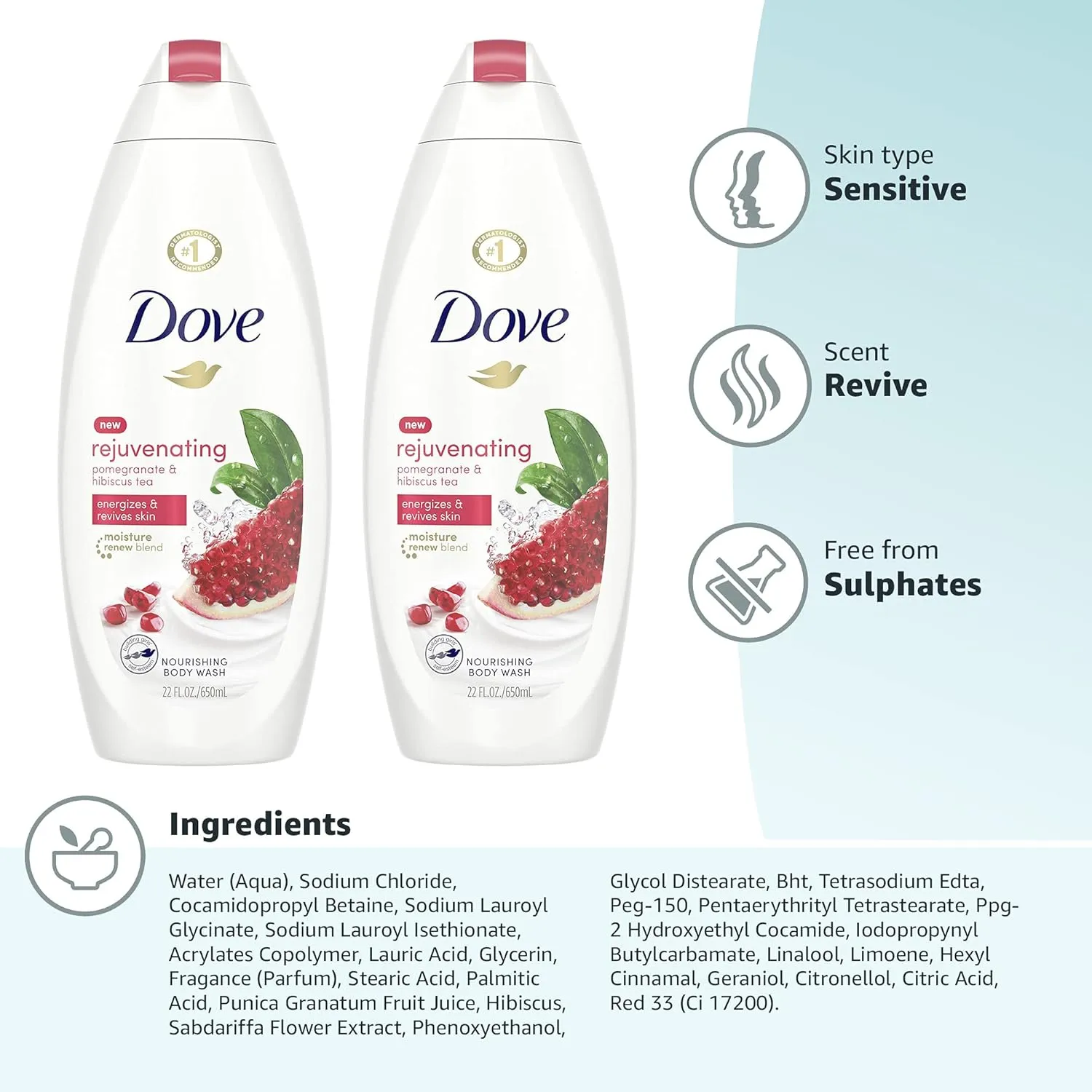 Dove Body Wash for Softer, Smoother Skin After Just One Use Pomegranate and Hibiscus Tea Sulfate-free Bodywash, 20 Fl Oz (Pack of 2)