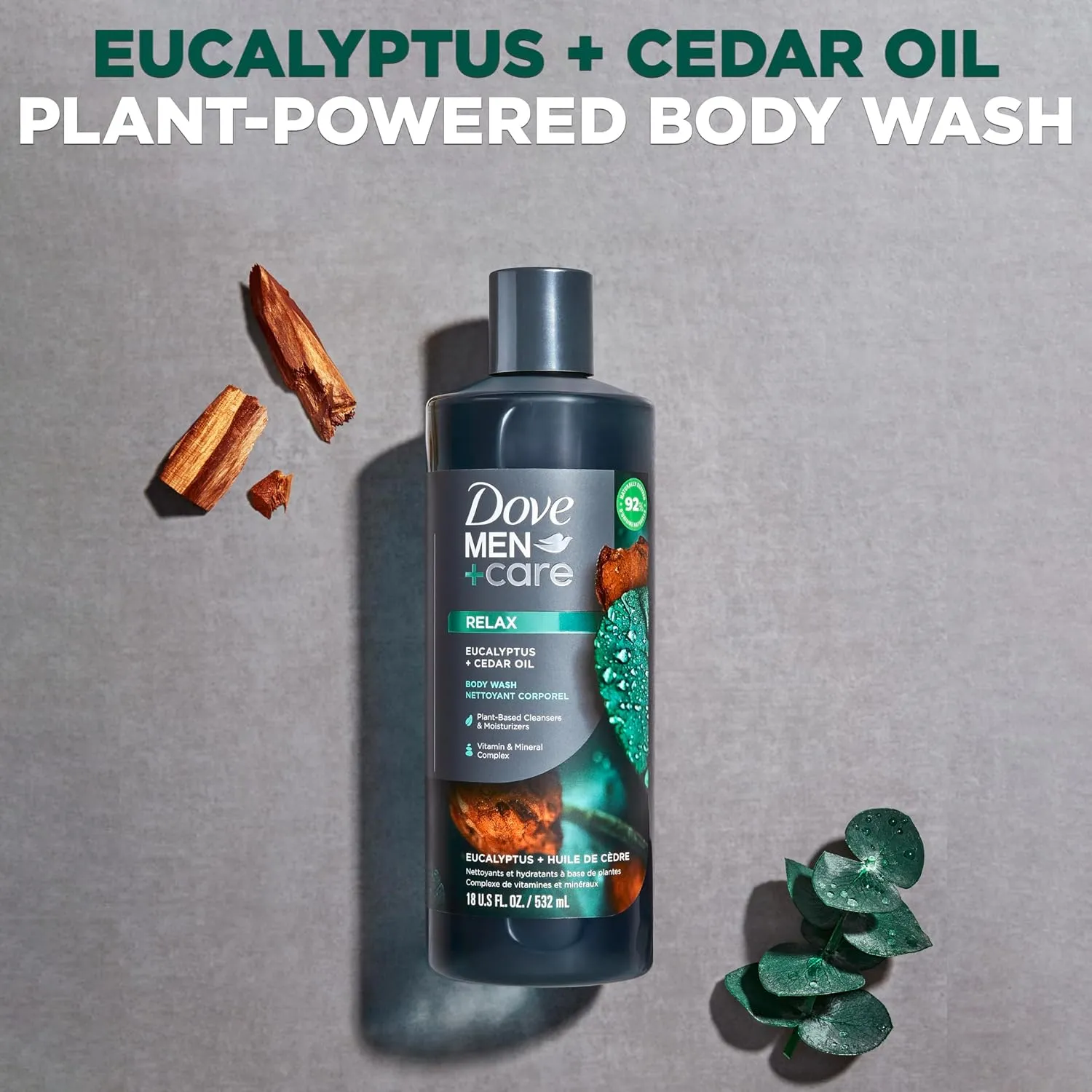 Dove Men Care Body Wash Eucalyptus   Cedar Oil 4 Count to Rebuild Skin in the Shower with Plant-Based Cleansers and Moisturizers 18 oz