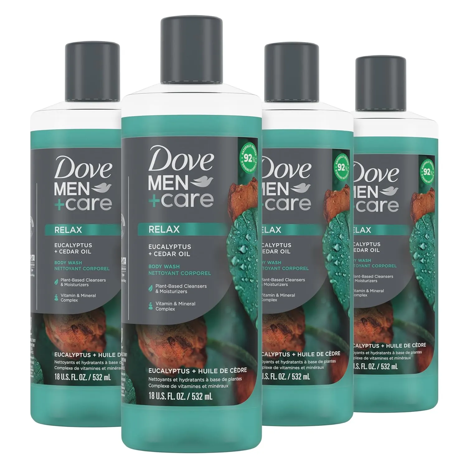 Dove Men Care Body Wash Eucalyptus   Cedar Oil 4 Count to Rebuild Skin in the Shower with Plant-Based Cleansers and Moisturizers 18 oz