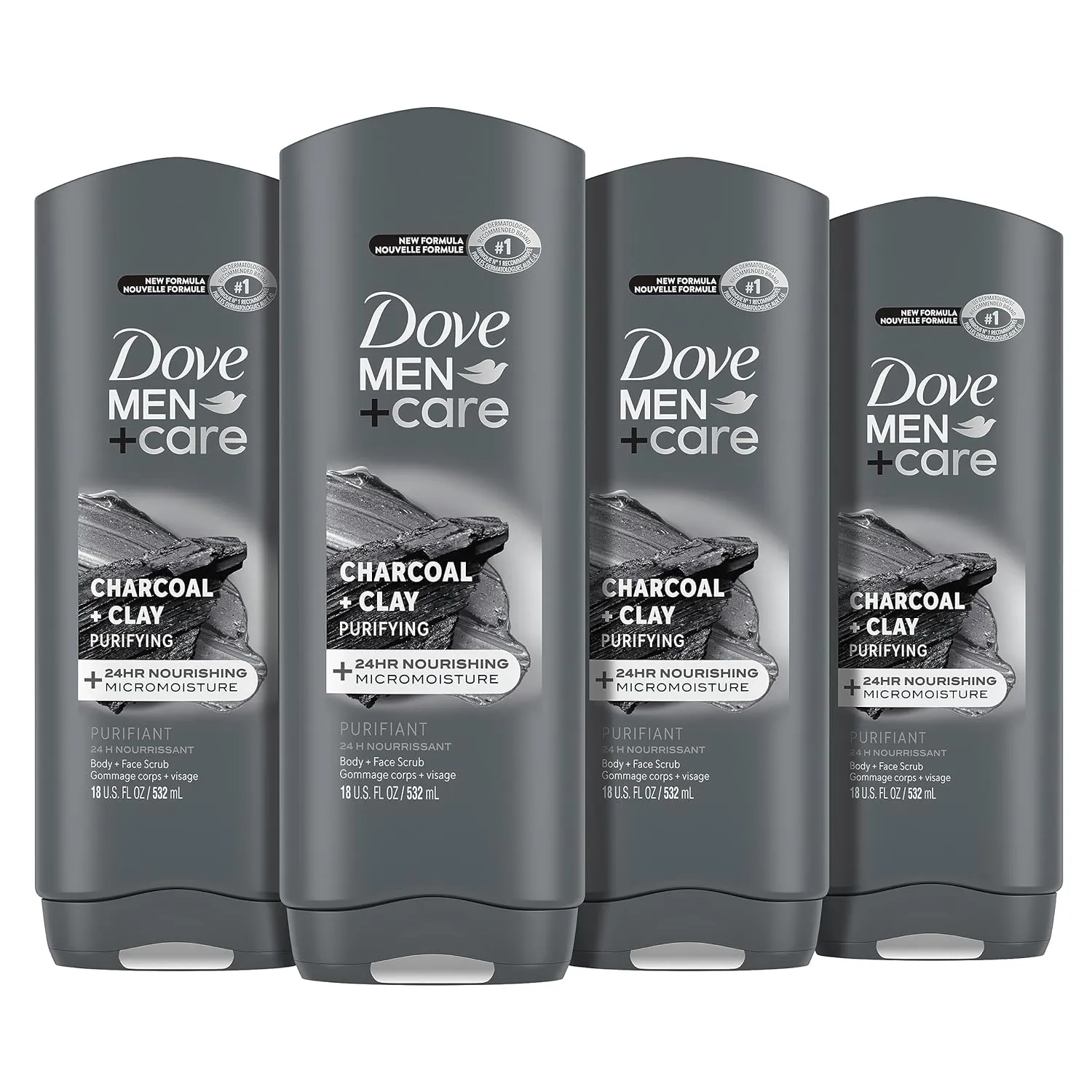 DOVE MEN   CARE Elements Body Wash Charcoal   Clay 4 Count For Men's Skin Care Effectively Washes Away Bacteria While Nourishing Your Skin, 18 oz