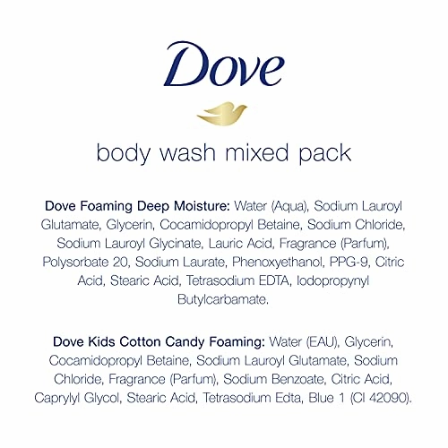 Dove Foaming Body Wash for Soft, Smooth Skin Deep Moisture and Kid's Cotton Candy 2 Skin Care Products for the Family In One Bundle (Pack of 4)