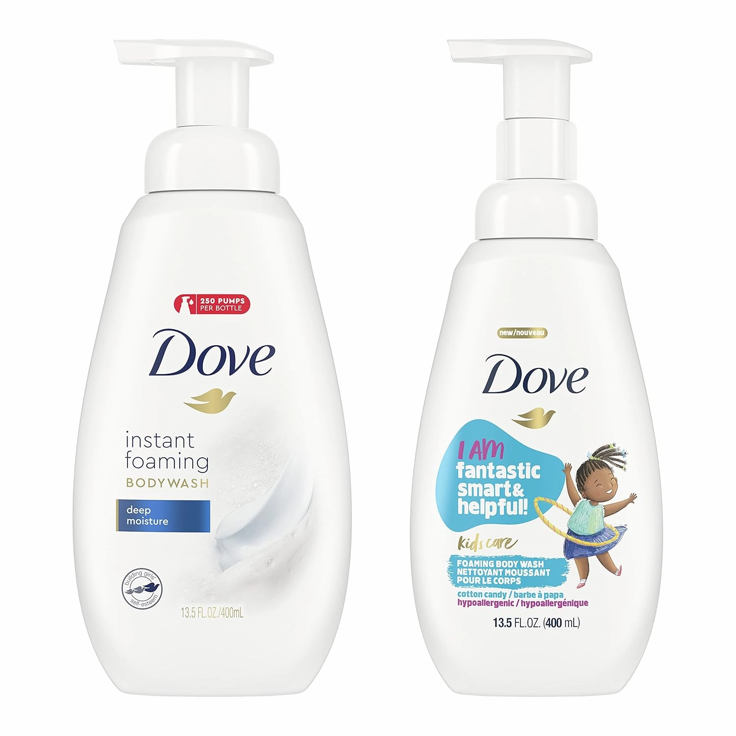 Dove Foaming Body Wash for Soft, Smooth Skin Deep Moisture and Kid's Cotton Candy 2 Skin Care Products for the Family In One Bundle (Pack of 4)