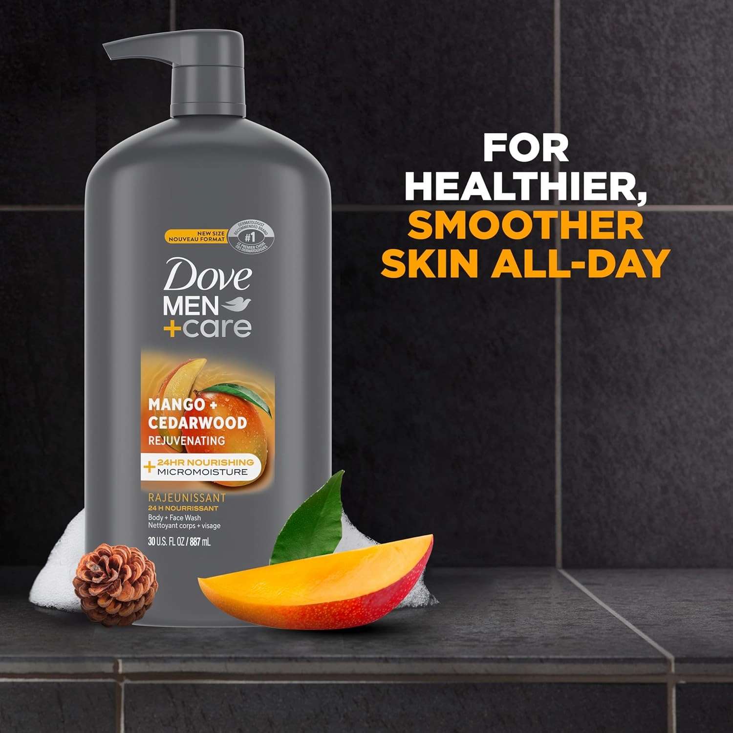 DOVE MEN   CARE Body and Face Wash Rejuvenating Mango   Cedarwood 3 Pack for Men, with 24-Hour Nourishing Micromoisture Technology, 30 oz