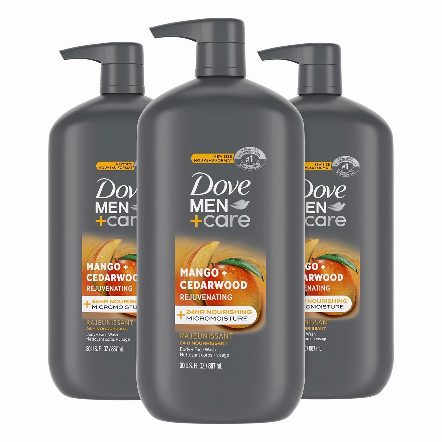 DOVE MEN   CARE Body and Face Wash Rejuvenating Mango   Cedarwood 3 Pack for Men, with 24-Hour Nourishing Micromoisture Technology, 30 oz