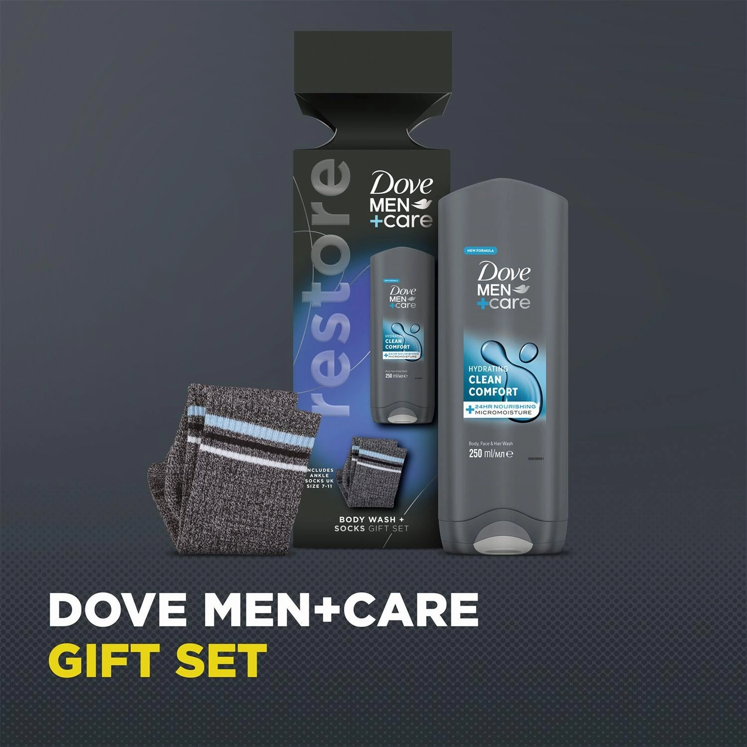 Dove Men Care Restore Clean Comfort Bodywash Gift Set for Him with Ankle Socks