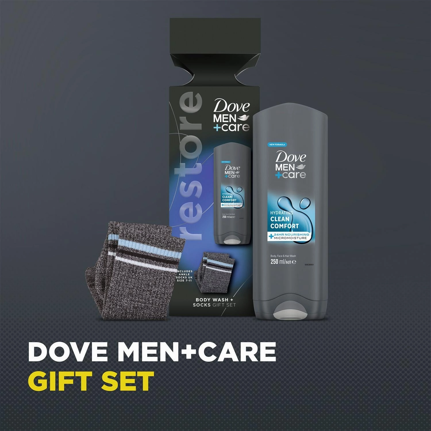 Dove Men Care Restore Clean Comfort Bodywash Gift Set for Him with Ankle Socks