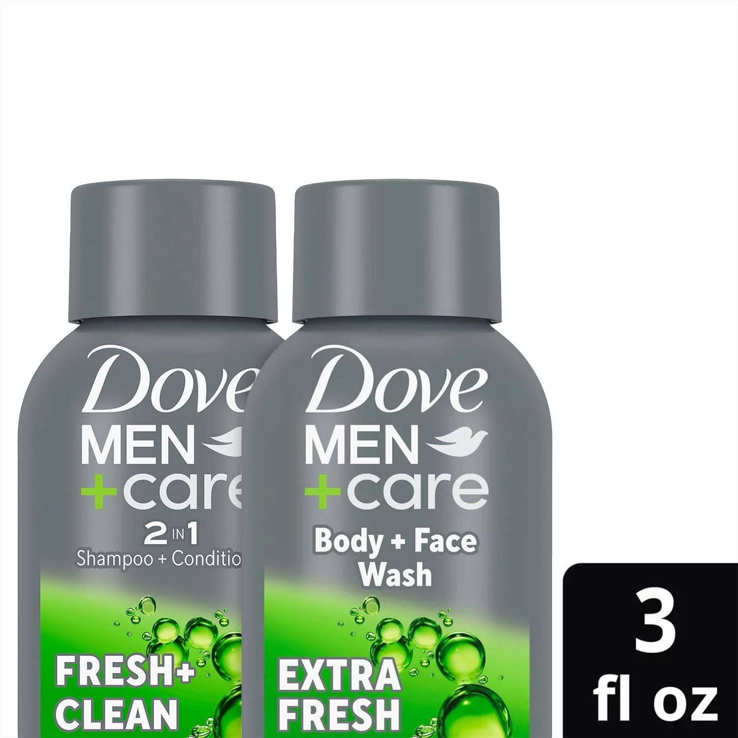 Dove Men Care Travel Essentials Bundle – Extra Fresh Body & Face Wash & Fresh   Clean 2-In-1 Shampoo, 3 Oz Ea