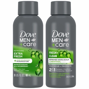 Dove Men Care Travel Essentials Bundle – Extra Fresh Body & Face Wash & Fresh   Clean 2-In-1 Shampoo, 3 Oz Ea
