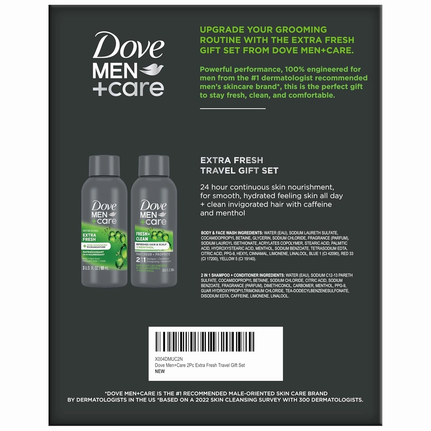 Dove Men Care Travel Essentials Bundle – Extra Fresh Body & Face Wash & Fresh   Clean 2-In-1 Shampoo, 3 Oz Ea