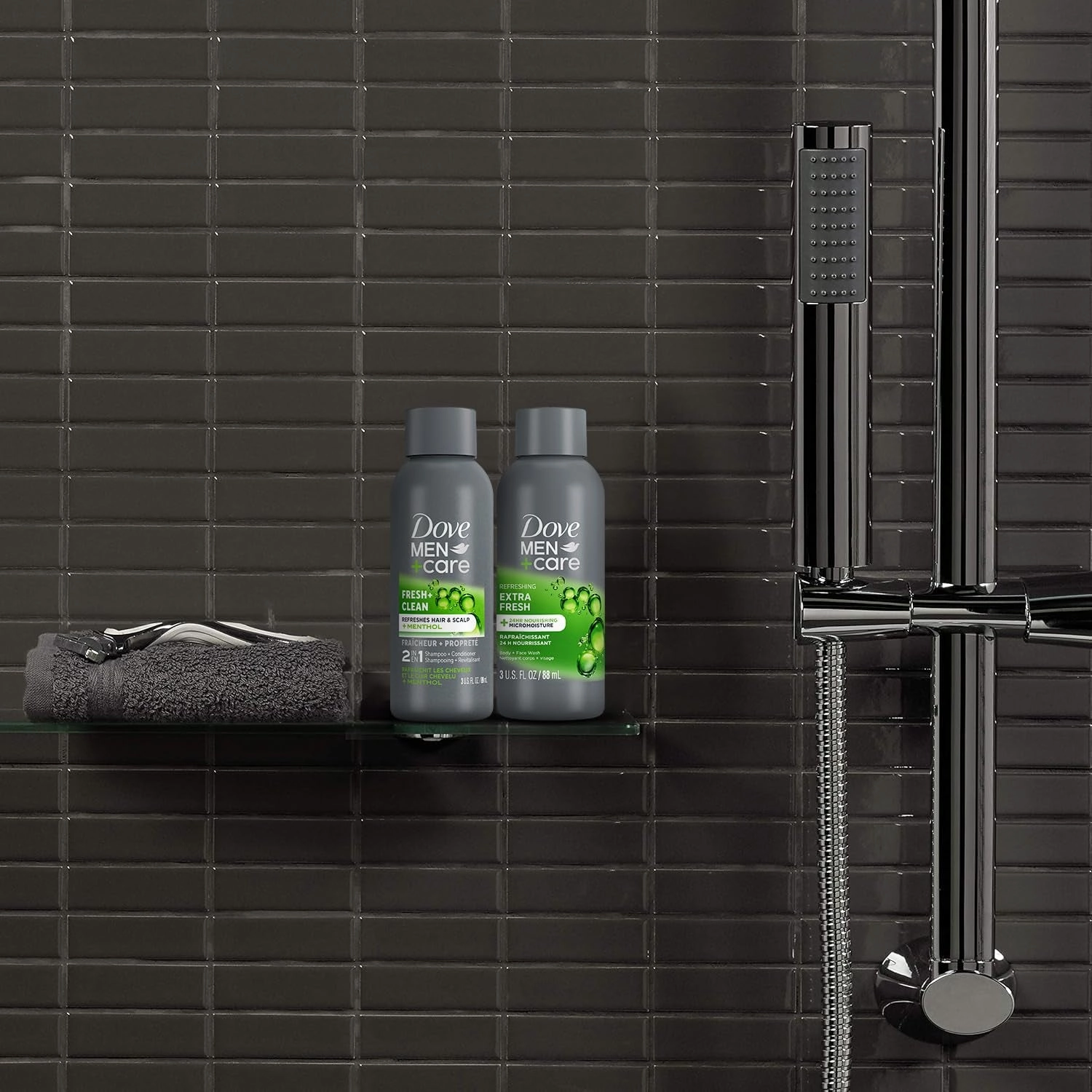 Dove Men Care Travel Essentials Bundle – Extra Fresh Body & Face Wash & Fresh   Clean 2-In-1 Shampoo, 3 Oz Ea