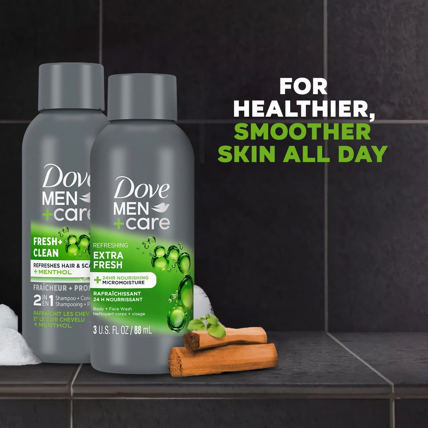 Dove Men Care Travel Essentials Bundle – Extra Fresh Body & Face Wash & Fresh   Clean 2-In-1 Shampoo, 3 Oz Ea