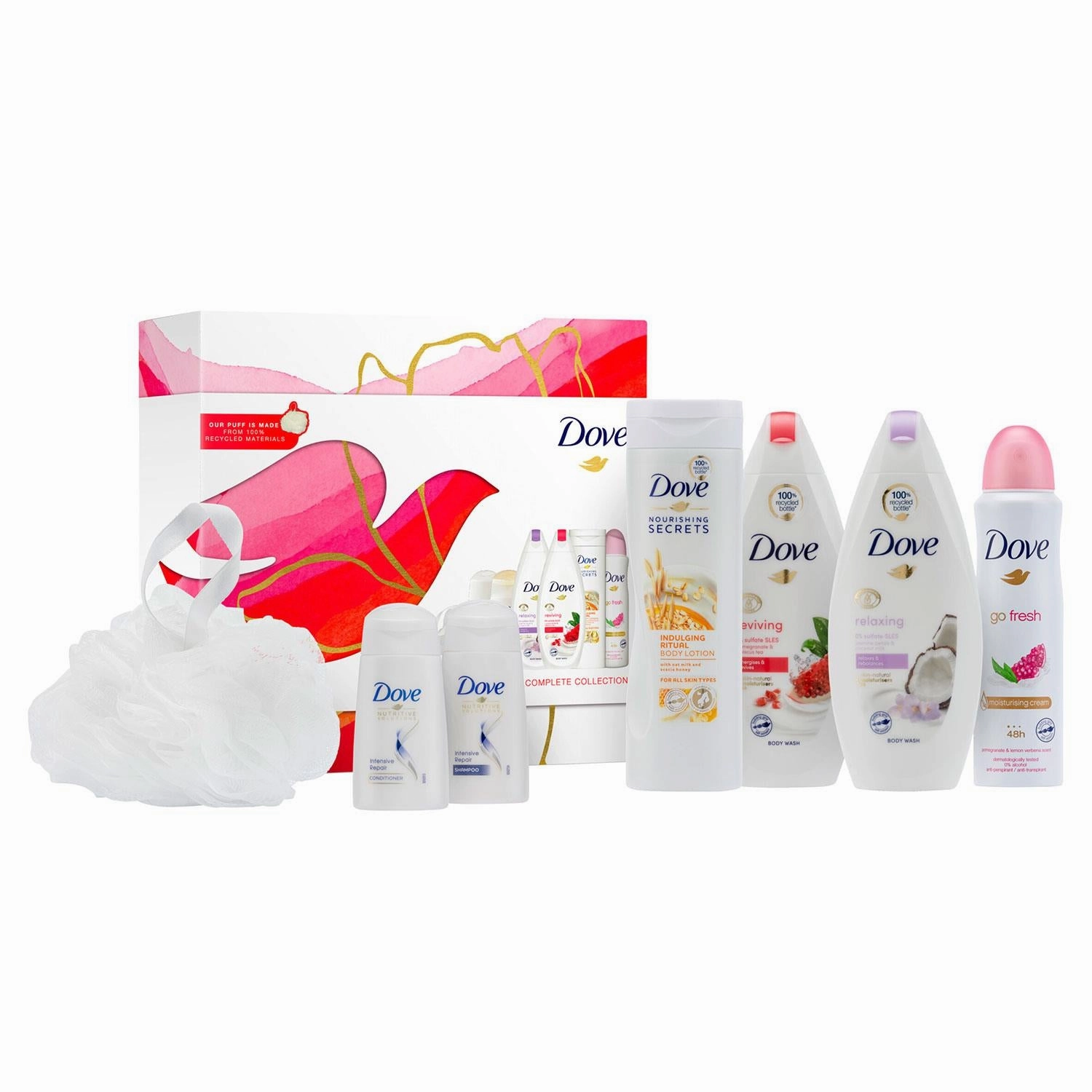 Dove Radiantly Refreshing Bath & Body Complete 6pcs Gift Set with Body Puff
