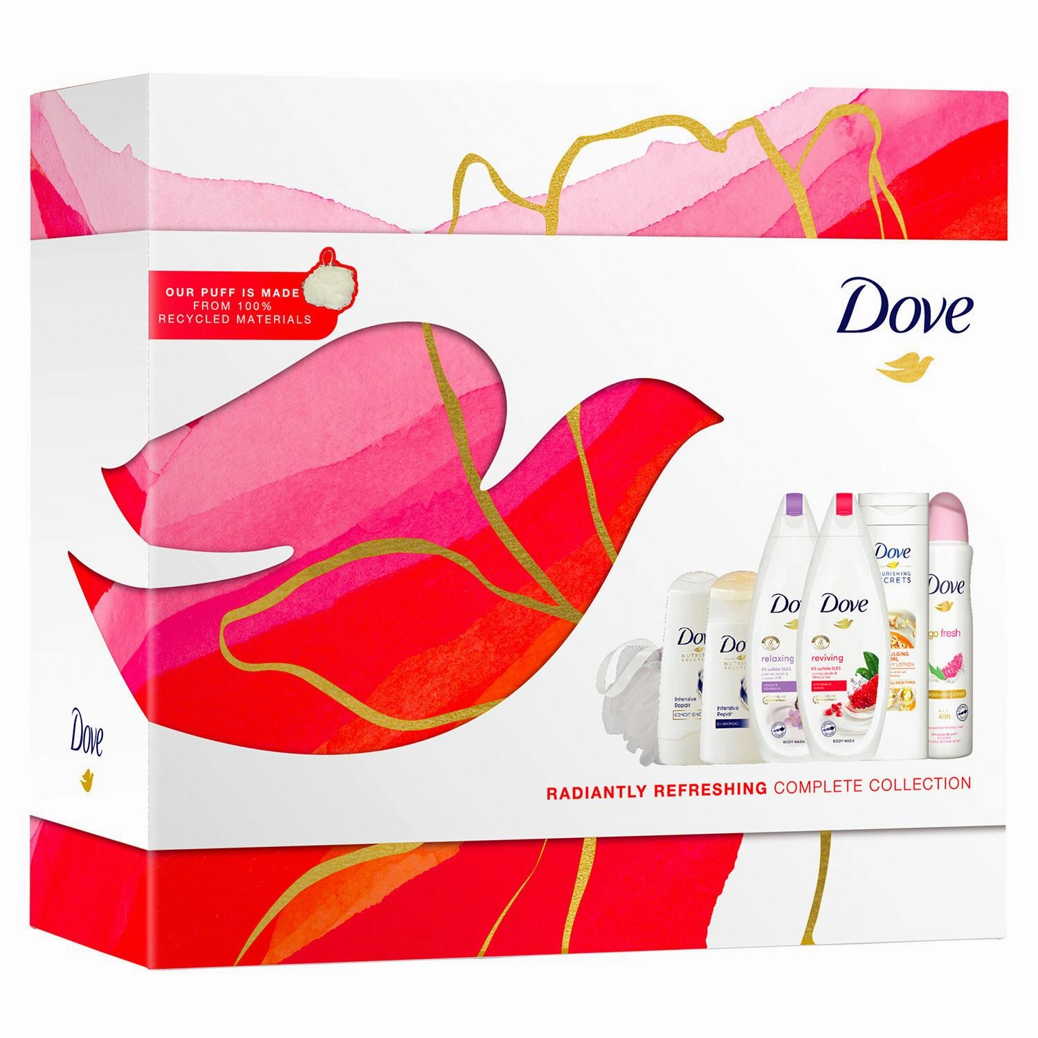 Dove Radiantly Refreshing Bath & Body Complete 6pcs Gift Set with Body Puff