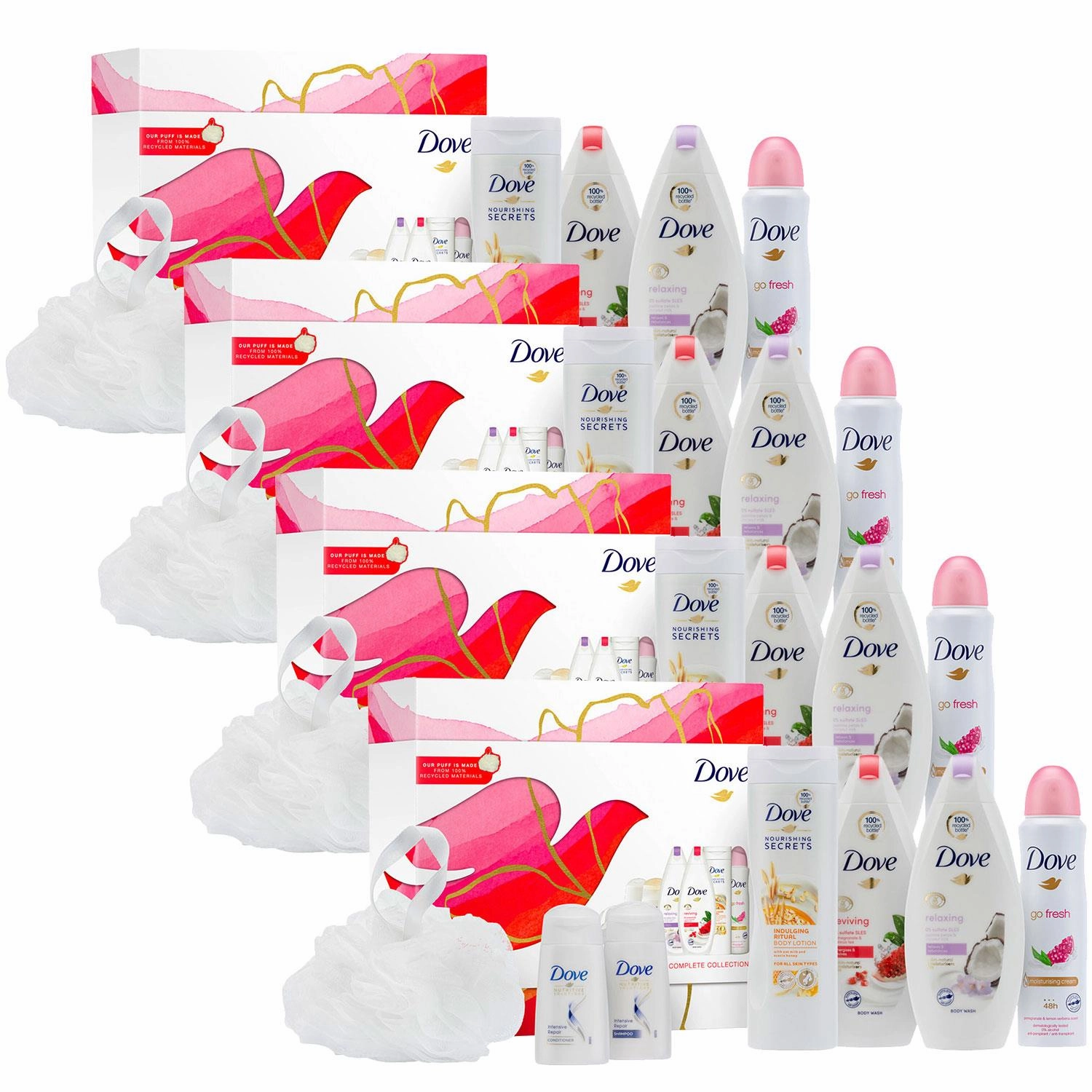 Dove Radiantly Refreshing Bath & Body Complete 6pcs Gift Set with Body Puff