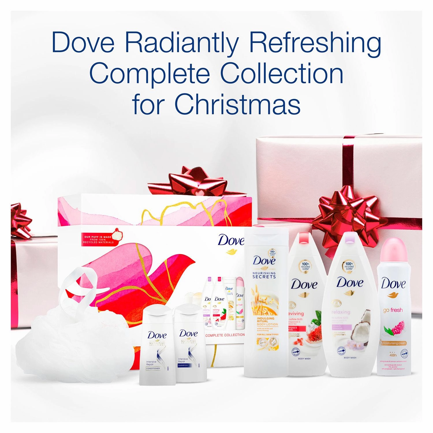 Dove Radiantly Refreshing Bath & Body Complete 6pcs Gift Set with Body Puff
