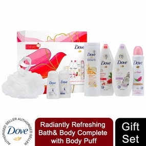 Dove Radiantly Refreshing Bath & Body Complete 6pcs Gift Set with Body Puff