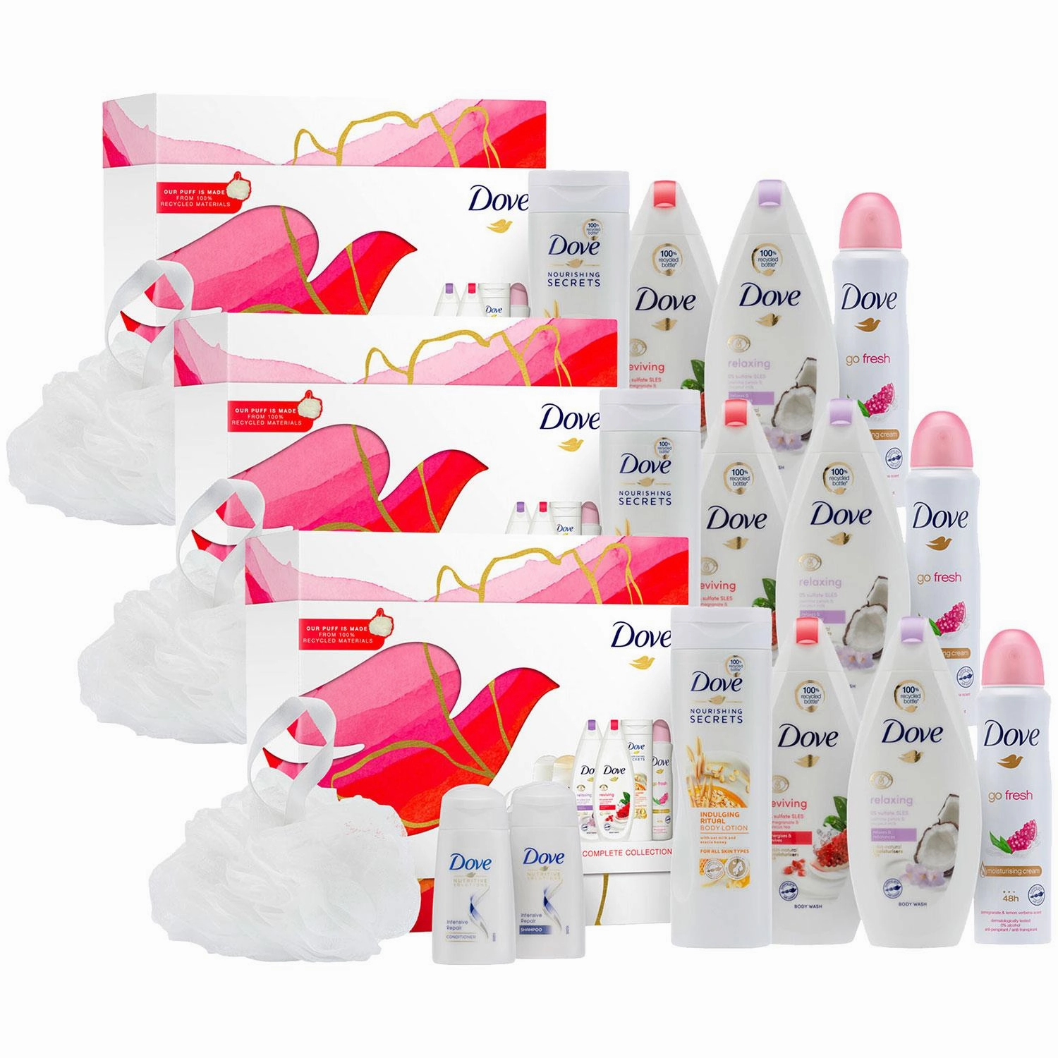 Dove Radiantly Refreshing Bath & Body Complete 6pcs Gift Set with Body Puff
