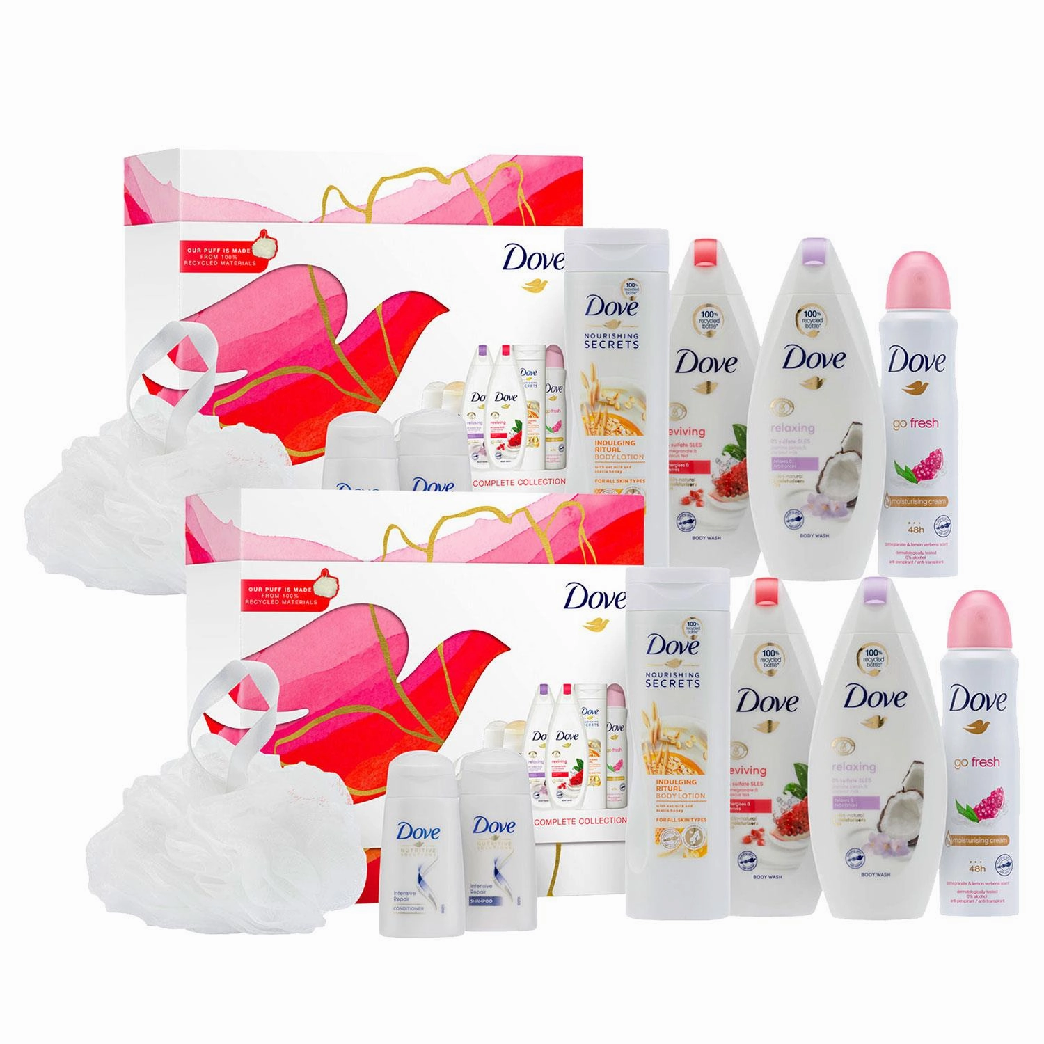Dove Radiantly Refreshing Bath & Body Complete 6pcs Gift Set with Body Puff