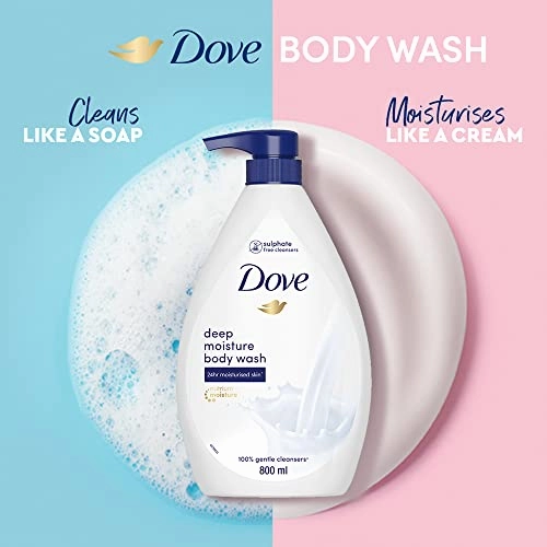 Dove's Deeply Nourishing Body Wash, 800 ml, moisturizes for softer, smoother skin. Suitable for both women and men, ideal for dry skin