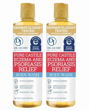 Dr. Jacobs Naturals Hypoallergenic Castile Soap, Dermatologist Tested Unscented Soap for Eczema & Psoriasis Relief - Sensitive Skin Body Wash Vegan & Gluten-Free Formula for All-Day Hydration 16oz-2PK