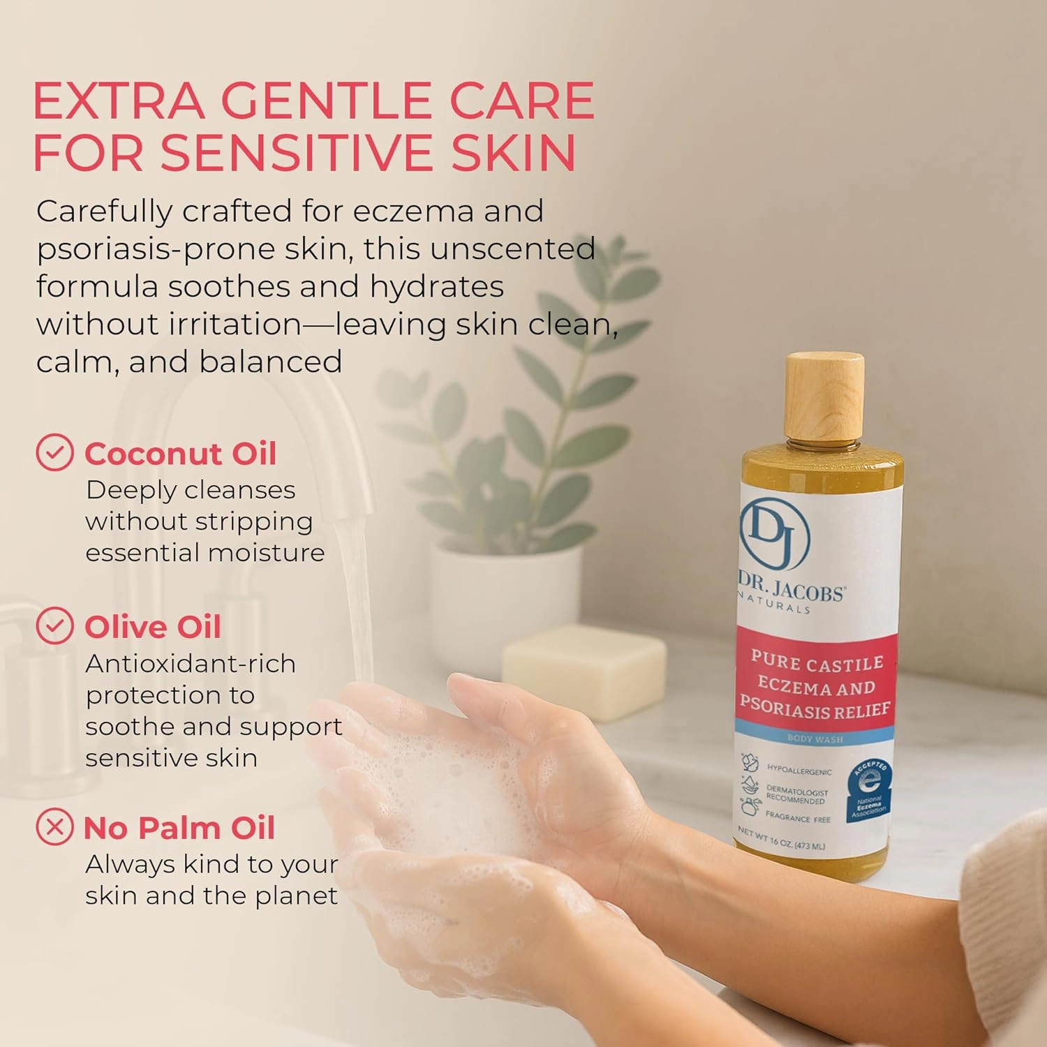 Dr. Jacobs Naturals Hypoallergenic Castile Soap, Dermatologist Tested Unscented Soap for Eczema & Psoriasis Relief - Sensitive Skin Body Wash Vegan & Gluten-Free Formula for All-Day Hydration 16oz-2PK