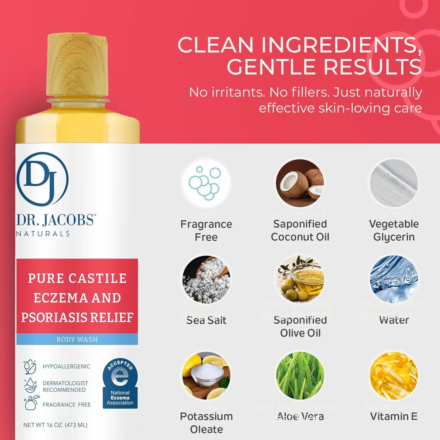 Dr. Jacobs Naturals Hypoallergenic Castile Soap, Dermatologist Tested Unscented Soap for Eczema & Psoriasis Relief - Sensitive Skin Body Wash Vegan & Gluten-Free Formula for All-Day Hydration 16oz-2PK