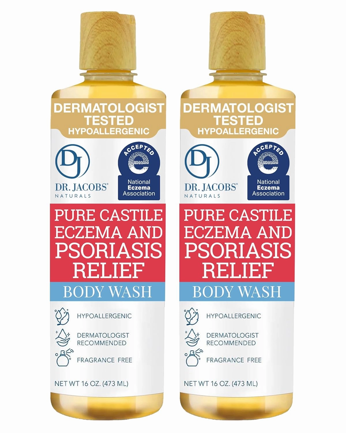 Dr. Jacobs Naturals Hypoallergenic Castile Soap, Dermatologist Tested Unscented Soap for Eczema & Psoriasis Relief - Sensitive Skin Body Wash Vegan & Gluten-Free Formula for All-Day Hydration 16oz-2PK