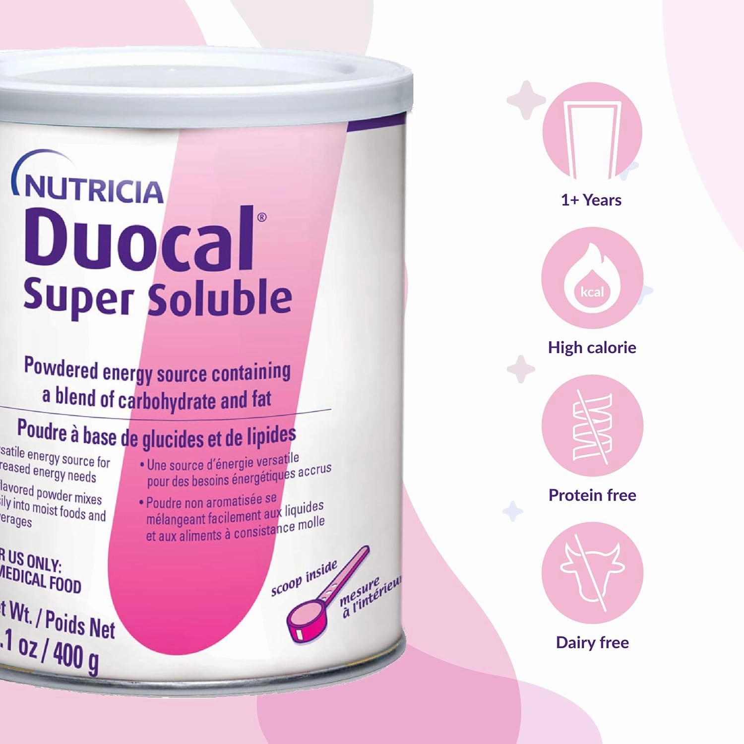 Duocal Nutricia High Calorie Super Soluble Powder - High-Calorie Support Supplement Powder - Energy Supplement with Dual Source of Carbohydrate & Fat - Dairy-Free - Unflavored, 14.1 oz (Case of 1)
