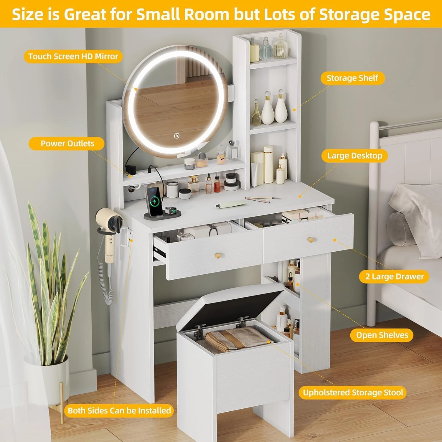 DWVO Vanity Desk with Mirror and Lights, Makeup Vanity Table Set with Power Outlets and Chair, 3 Lighting Colors, Makeup Desk with 3 Drawer and Lots Storage Shelves, Bedroom, White Dressing Table
