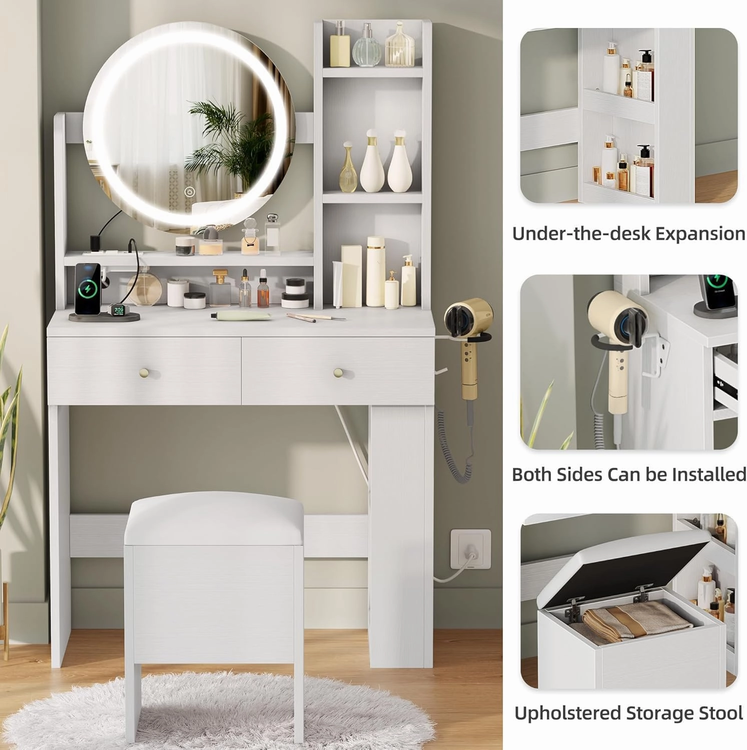DWVO Vanity Desk with Mirror and Lights, Makeup Vanity Table Set with Power Outlets and Chair, 3 Lighting Colors, Makeup Desk with 3 Drawer and Lots Storage Shelves, Bedroom, White Dressing Table
