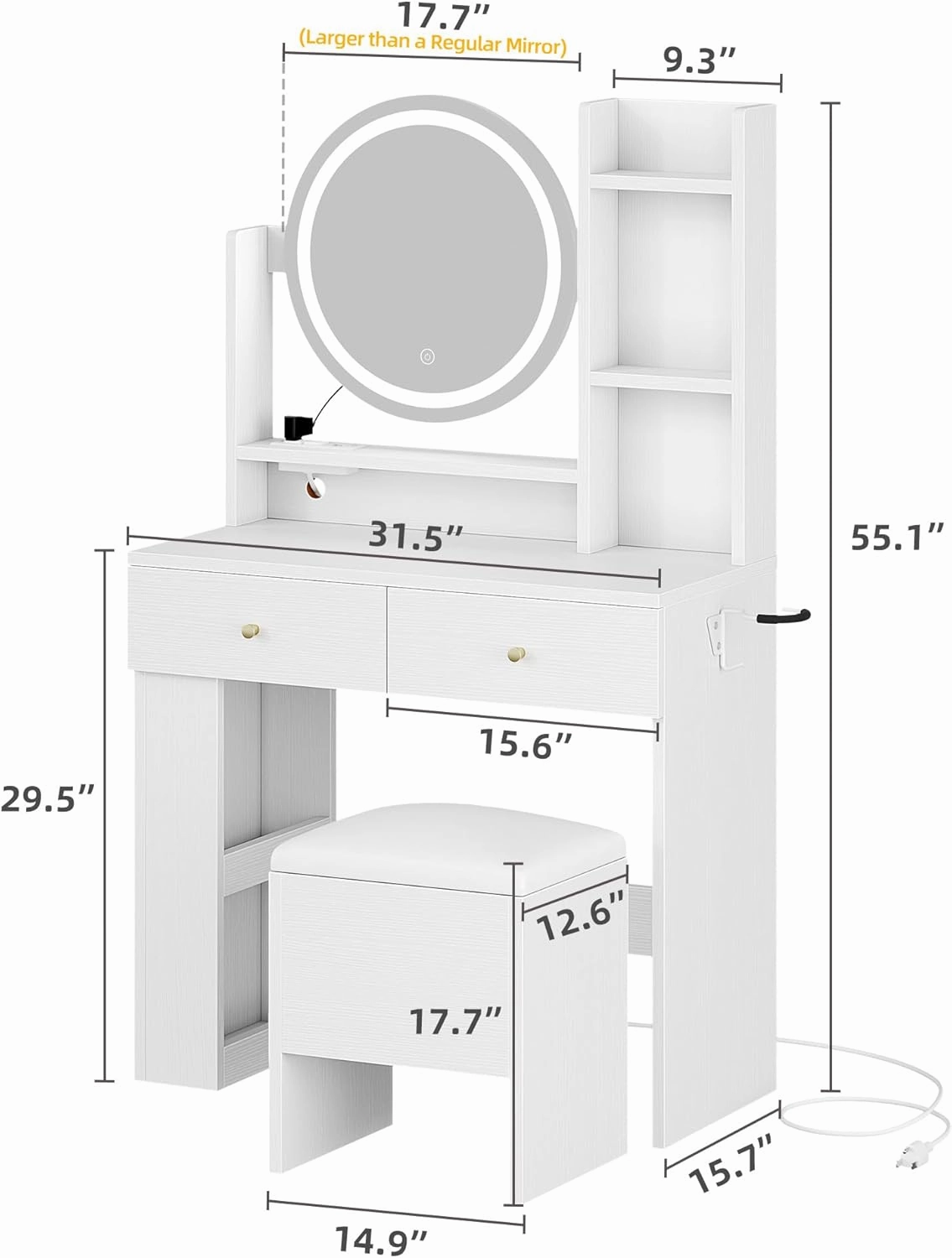 DWVO Vanity Desk with Mirror and Lights, Makeup Vanity Table Set with Power Outlets and Chair, 3 Lighting Colors, Makeup Desk with 3 Drawer and Lots Storage Shelves, Bedroom, White Dressing Table