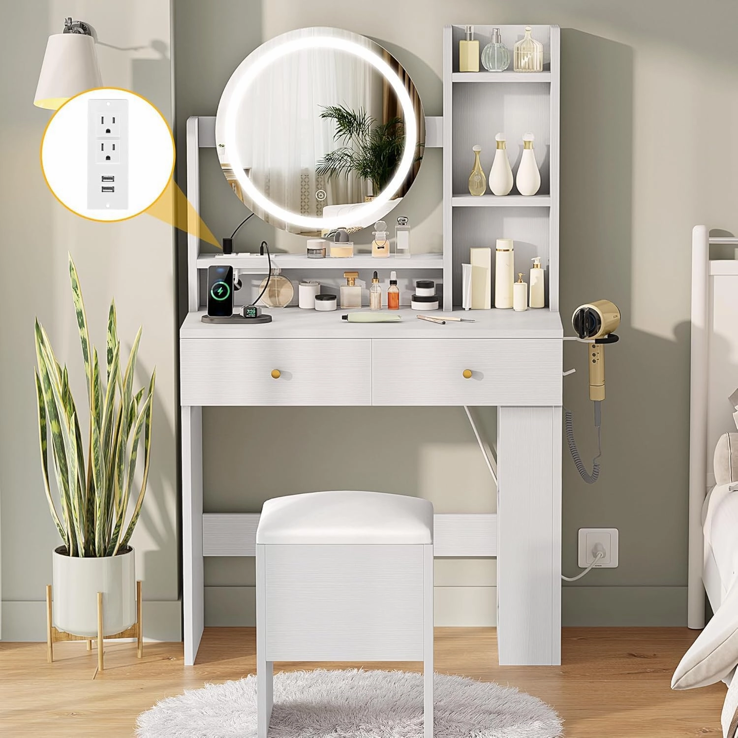 DWVO Vanity Desk with Mirror and Lights, Makeup Vanity Table Set with Power Outlets and Chair, 3 Lighting Colors, Makeup Desk with 3 Drawer and Lots Storage Shelves, Bedroom, White Dressing Table
