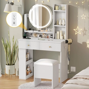 DWVO Vanity Desk with Mirror and Lights, Makeup Vanity Table Set with Power Outlets and Chair, 3 Lighting Colors, Makeup Desk with 3 Drawer and Lots Storage Shelves, Bedroom, White Dressing Table