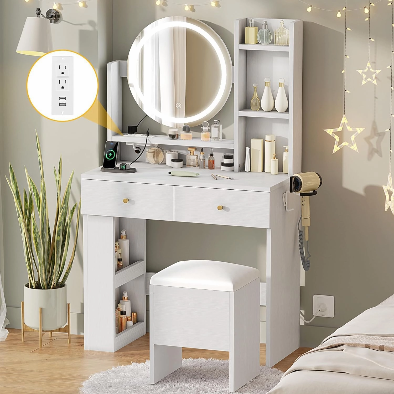 DWVO Vanity Desk with Mirror and Lights, Makeup Vanity Table Set with Power Outlets and Chair, 3 Lighting Colors, Makeup Desk with 3 Drawer and Lots Storage Shelves, Bedroom, White Dressing Table