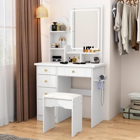 ECACAD Makeup Vanity Desk with LED Lighted Mirror, Power Outlet & Hair Dryer Holder, Makeup Table with Chair, Lots Storage, 3 Lighting Modes Brightness Adjustable, White